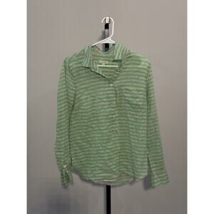 J. Crew Sz 10 Cotton Silk Green Gray Striped Shirt Long Sleeve